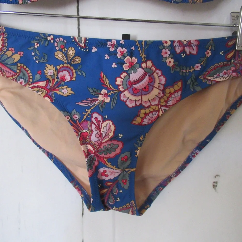 J Crew Bikini S Swimsuit Top Bottom Blue Floral Print Triangle Retro Boho